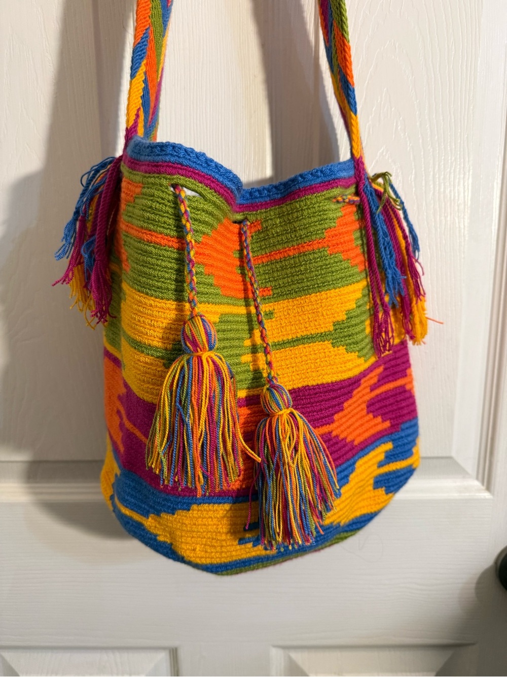 Handwoven Multicolor Tassel Crossbody Bucket Bag 12”H X 13”W App. Beautiful
